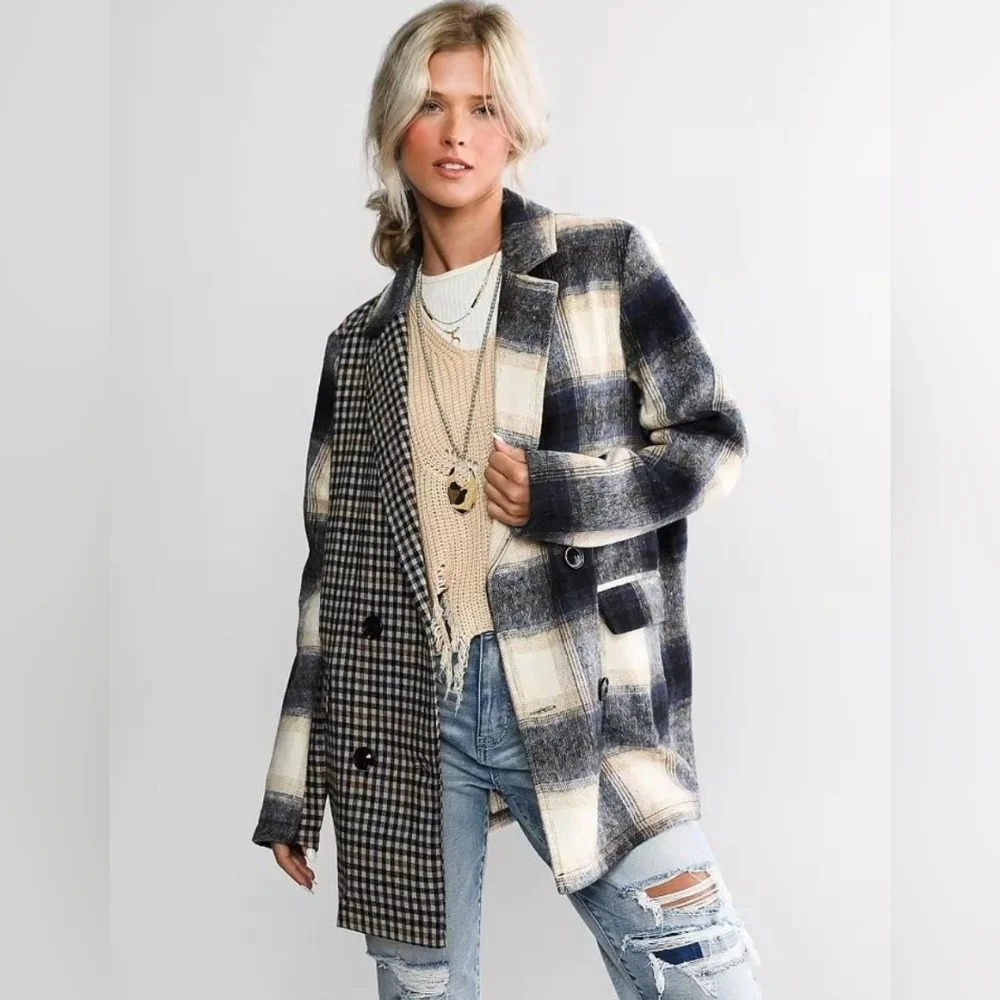 Buckle Mixed Plaid Black Cream Blazer Jacket